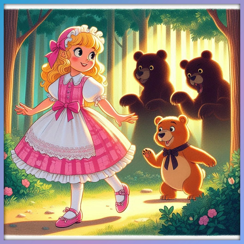 Cuento corto: Risitos de Oro, escrito por Robert Southey. Risitos de Oro: Una niña con cabello rubio dorado y rizos juguetones se encuentra en un bosque encantado, rodeada de tres osos de diferentes tamaños.