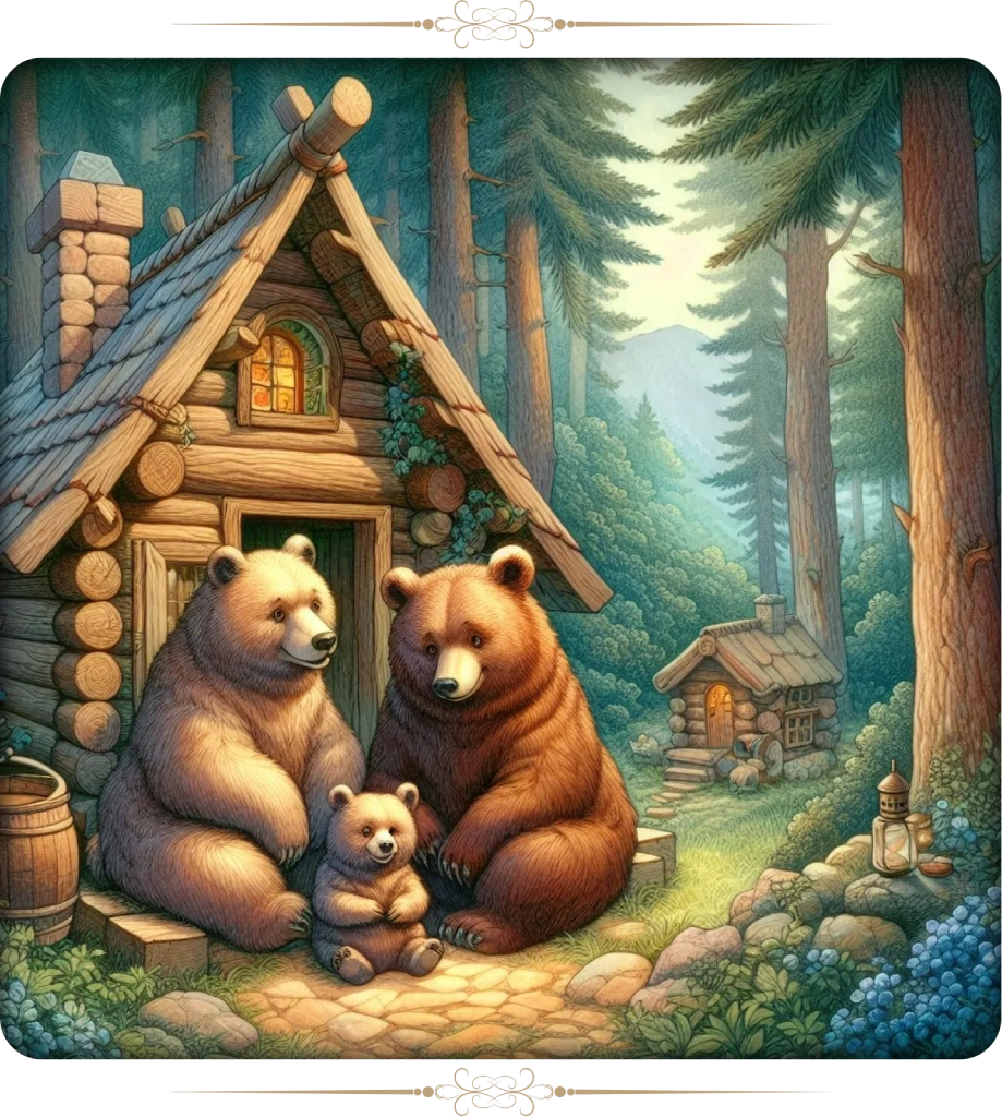 Cuento corto: Risitos de Oro, escrito por Robert Southey. Mamá oso, papá oso y su pequeño cachorro disfrutan de un día soleado frente a su acogedora cabaña en el corazón del bosque.