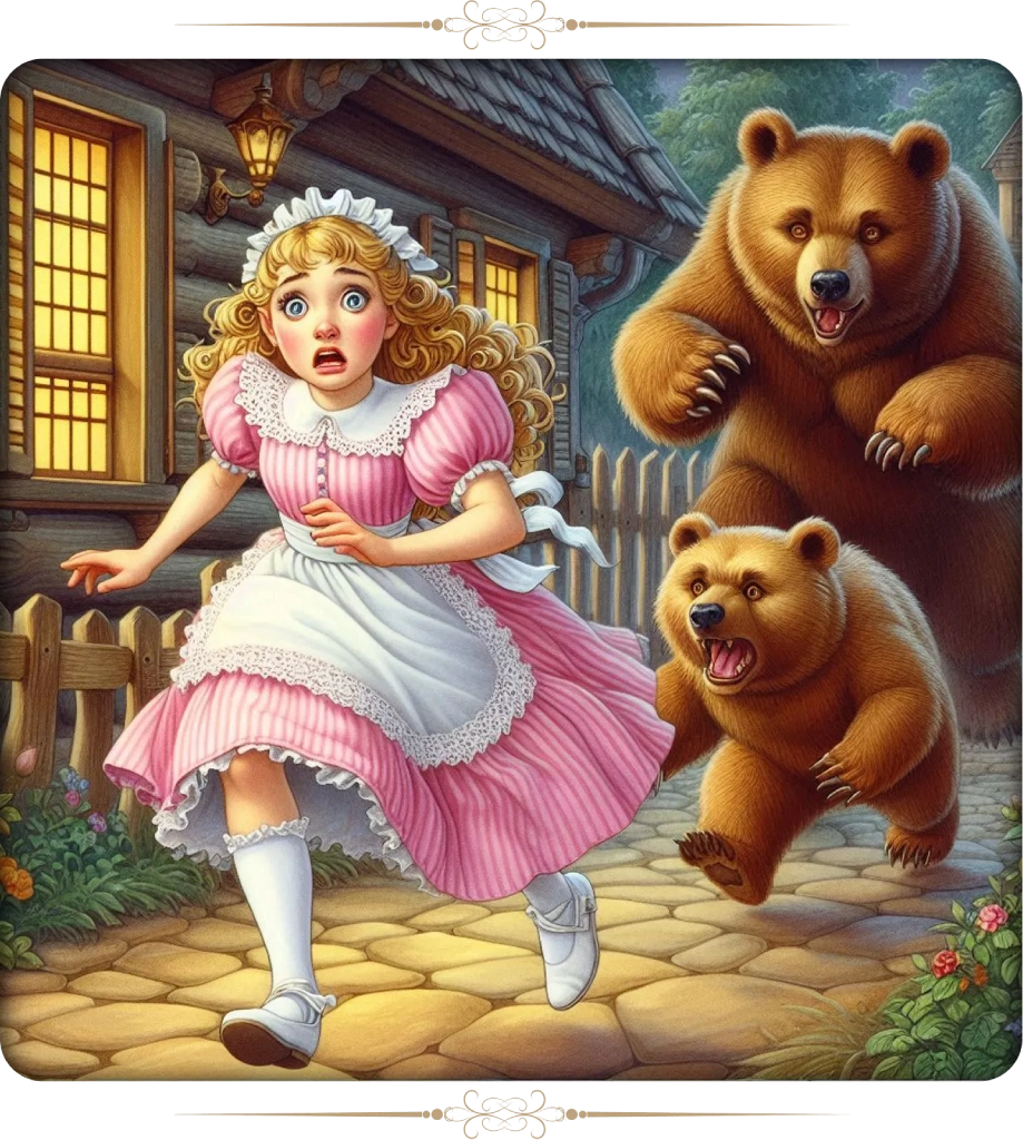 Cuento corto: Risitos de Oro, escrito por Robert Southey. Risitos de Oro, huye despavorida por el bosque mágico mientras los tres osos la persiguen rugiendo.