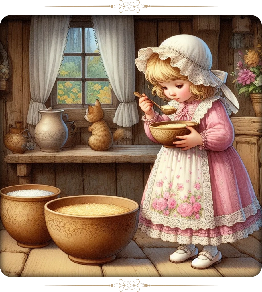 Cuento corto: Risitos de Oro, escrito por Robert Southey. Con curiosidad, Risitos de Oro sorbe la deliciosa papilla del tazón más pequeño, sin percatarse del peligro.