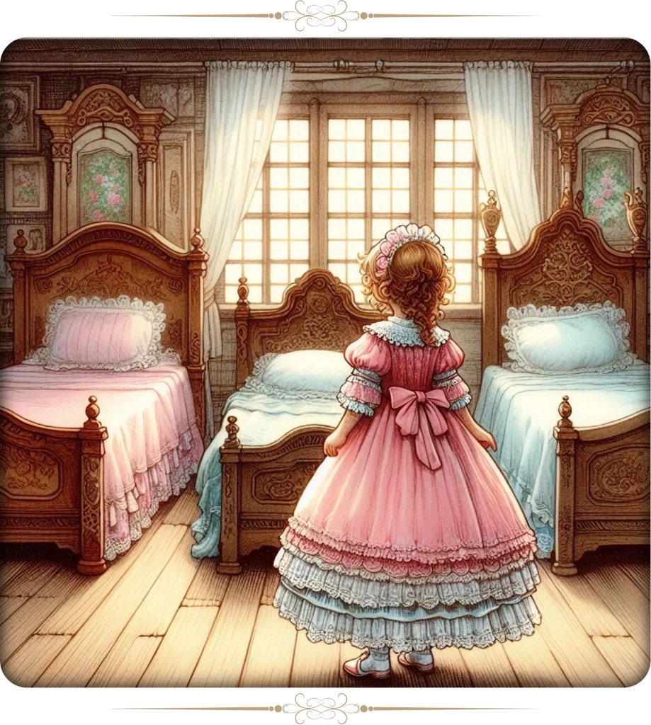 Cuento corto: Risitos de Oro, escrito por Robert Southey. Risitos de Oro se encuentra frente a tres camas de diferentes tamaños, indecisa sobre cuál elegir para tomar una siesta.