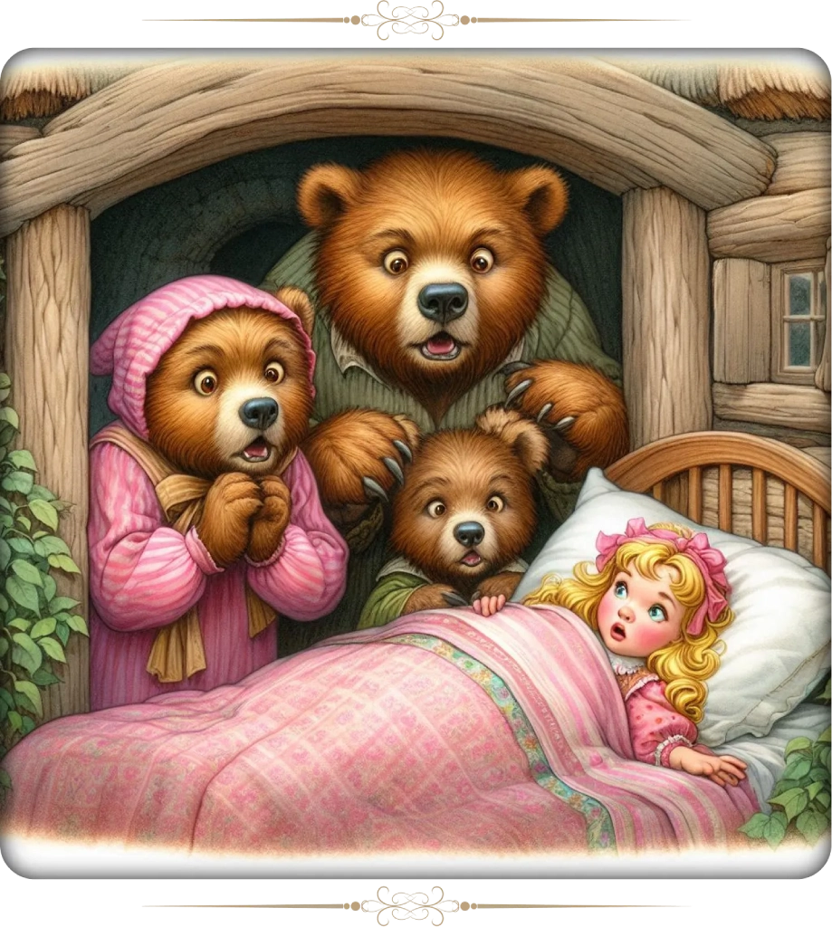 Cuento corto: Risitos de Oro, escrito por Robert Southey. Sorprendidos y furiosos, los tres osos descubren a Ricitos de Oro dormida en la cama más pequeña de su cabaña.